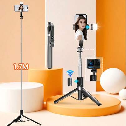 Gậy selfie không dây Bluetooth 1.7m/70cm kèm đèn LED, giá đỡ điện thoại xoay 360° điều khiển từ xa không dây, tương thích với iPhone 16/15/14/13/12/11/Max/Pro/Xs/Xr/X/Plus, Galaxy S25/S24/S23/S22 Ultra và các điện thoại thông minh Android khác, GoPro, thích hợp cho du lịch và phát trực tiếp.