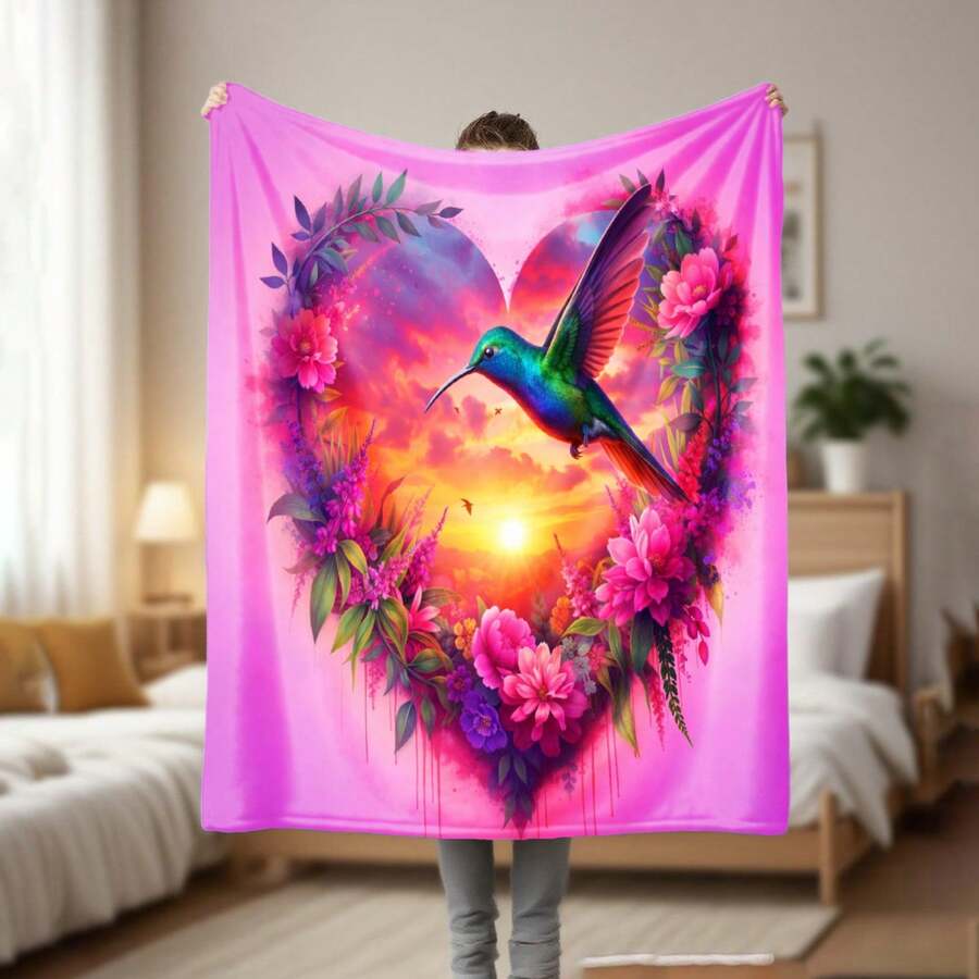 Blanket  Flannel  Ultra-Soft and Warm Throw, 280gsm Blanket for Couch, Bed,  Heart Shape Hummingbird Floral Sunset Pink Background , Lightweight, Machine Washable, office student dormitory nap blanket home sofa cover blanket, Cozy Gift Idea. - Verschiedenfarbig - Übersicht 1