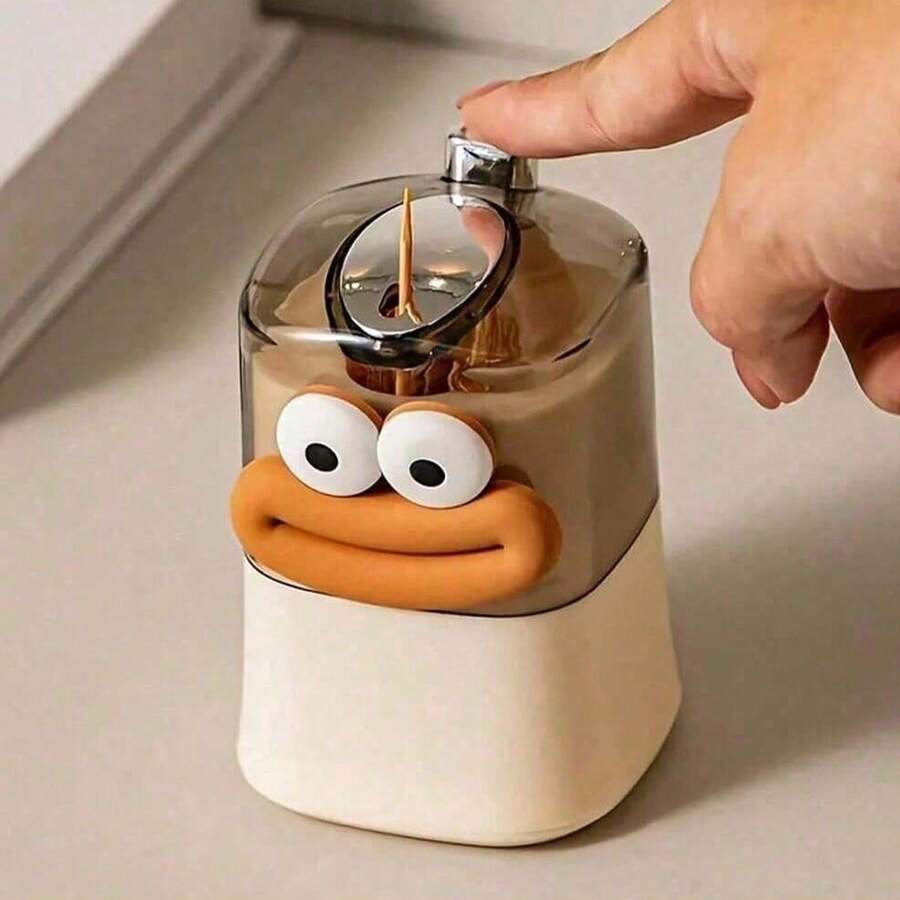 1 Set [1-Piece Toothpick Holder +1 Packs Of Toothpicks] Cartoon Design Automatic Toothpick Dispenser - Plastic Push-Type Toothpick Holder, Creative Storage Container For Home And Restaurant - Multicolor - View 1