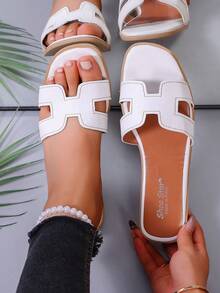 女士休闲纯色露趾平底凉鞋，夏季百搭