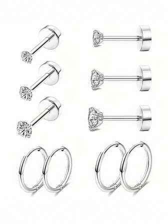 5 Pairs Earrings For Women Cartilage Earring Stacks Small Stainless Steel Earring Flat Back CZ Studs Sets For Multiple Piercing