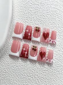 10片浪漫秋冬主题美甲贴纸，闪亮红色水钻樱桃美甲配件，小红心，白色手绘星形图案，不对称粉色爱心美甲装饰，糖红色，白色指甲油，送给女性和女孩的理想礼物，附赠美甲工具（1张果冻贴纸+1个指甲锉），3种尺寸可选：杏仁形、鸭嘴形、棺材形，适合通勤、派对、日常度假等场合。美甲用品，手工按压式美甲贴片 - 彩色 - 查看 12