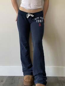 Women's Navy Blue Wide Leg Sweatpants Letter Print And High Waist Design Casual Streetwear Comfortable Joggers - Màu xanh hải quân - Xem 1