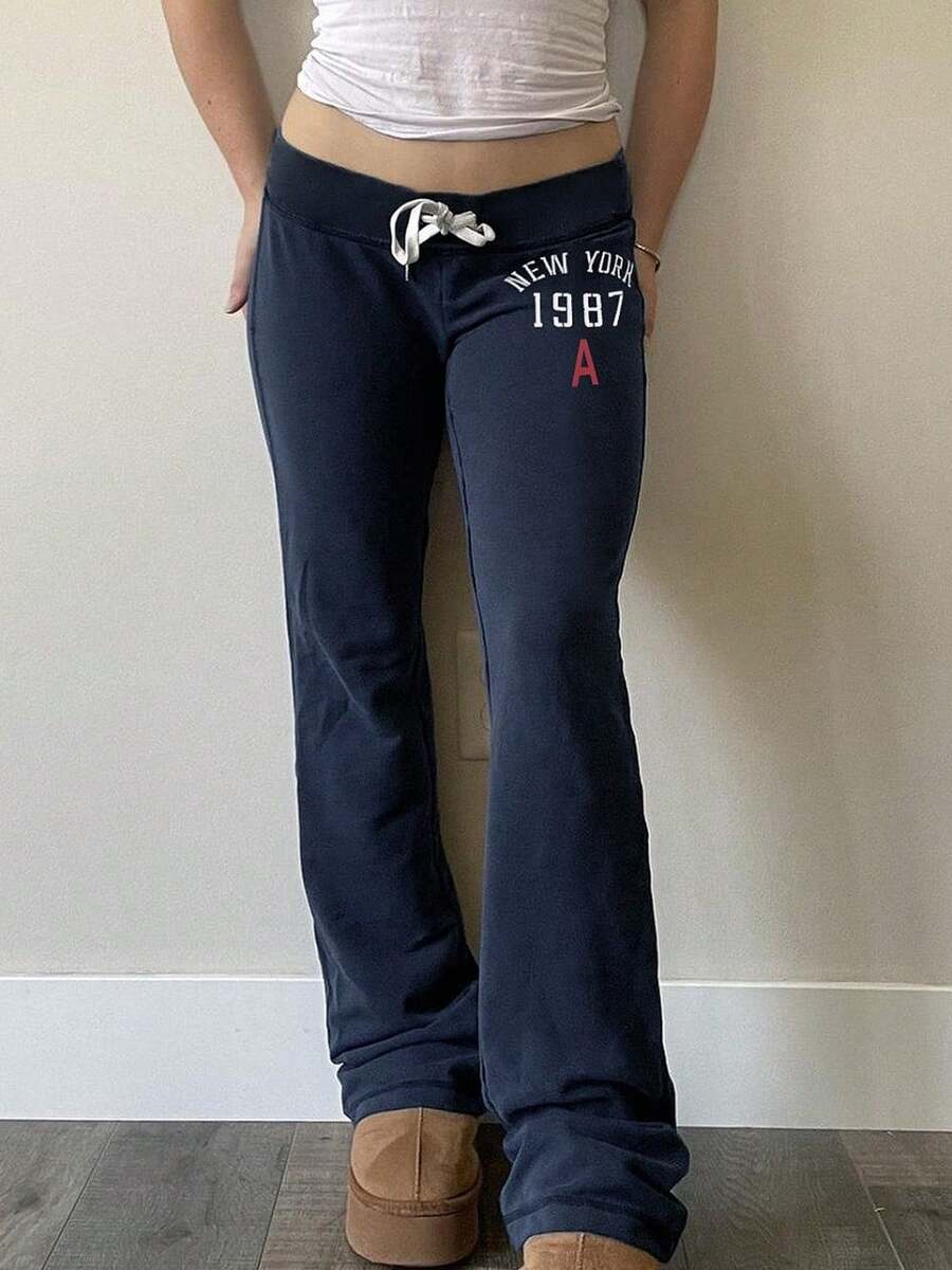 Women's Navy Blue Wide Leg Sweatpants Letter Print And High Waist Design Casual Streetwear Comfortable Joggers - Màu xanh hải quân - Xem 1