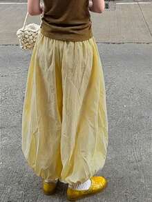 新款春夏休闲时尚女式浅黄色雪纺阔腿裤，高腰透视度假裤，波西米亚风仿休闲垂坠长裤 - 芥末黃 - 查看 5