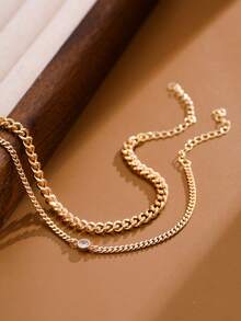 Nooxian 2pcs/Set Fashion Minimalist Casual Multi-Layer Strap Bracelet, Unique Handmade Double Chain With Single Round Sparkling Cubic Zirconia Stone Friendship Gift (No Gift Box) - Yellow Gold - View 2