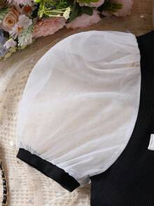 Girls' Summer Dress With Square Collar, Waist Cinched, Mesh Patchwork Princess Dress - Black and White - View 3