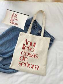 这款男女通用的帆布包套装包含一个单肩包和一个化妆包。它采用简约学院风设计，并印有“我把所有女士的东西都放在这里”的标语。包包采用帆布材质，包含一个米色手提包和一个白色文具包。这款帆布包可折叠。 - 彩色 - 查看 5