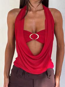 Women's Y2k Halter Top Tie Open Back Rave Going Out Tops Draped Cowl Neck Mesh Ruched Tank With Metal Ring Bendeau Bra Party Clubwear - 紅色 - 查看 3