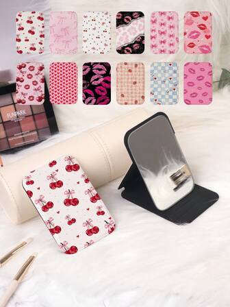 1pc Y2K Series Portable Vanity Mirror, Foldable Lightweight Ultra-Thin Handheld Mirror, Durable PU Leather, Suitable For Multiple Scenarios, Foldable Compact Mirror For Carrying