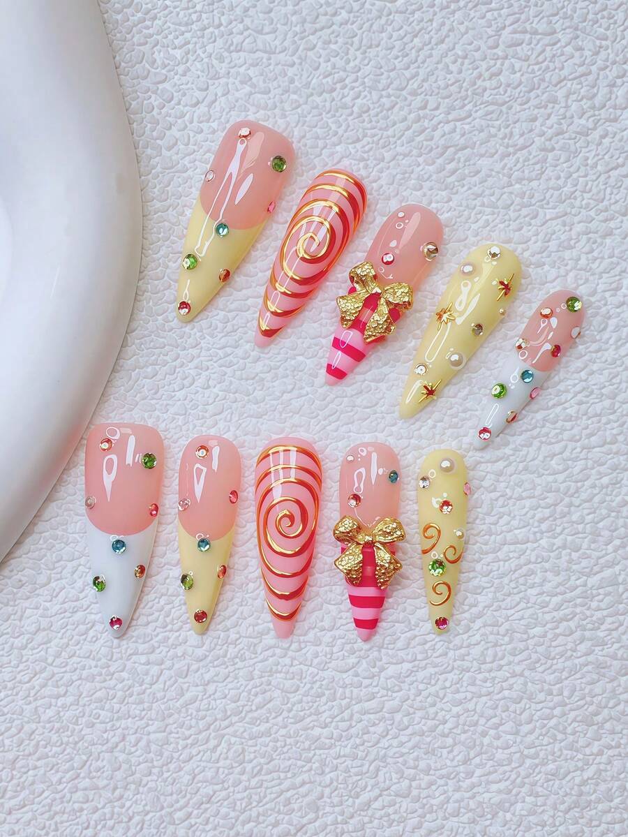 10pcs Y2K Nails Stiletto Press On Nails Set - Handcrafted, Pink Nails, Yellow Nails, Yellow French Tip Nails, Hand Drawn Gold Pattern And Stripe French Tip Style Design, Sparkling Colorful Rhinestone And Gold Bow Accents, Delicate Graceful Nails - Perfect For Parties & Casual Attire, Perfect Holiday Gift For Women And Girls - 彩色 - 查看 1