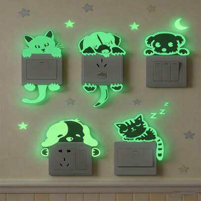 蓄光 動物型 スイッチステッカー 5枚セット、寝室、キッチン、バスルーム、リビングルームの装飾に