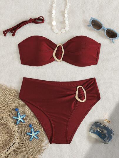 女士纯色抹胸比基尼两件套，饰有金属配件，适合海岛度假、摄影和游泳
