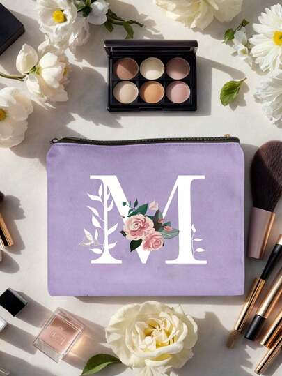 字母A-Z花卉印花化妆包，送给女孩的礼物，可爱复古简约时尚字母图案印花收纳包，化妆品小袋，收纳包，化妆品收纳包，洗漱包，手拿包，轻便可折叠收纳包，简约购物袋，教师礼物手拿包，护士、医生、教师收纳包，适合个人旅行化妆品收纳