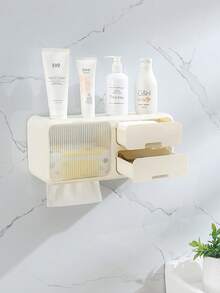 1pc Waterproof Wall-Mounted Dual-Layer Tissue Box Holder, Space-Saving Rectangular Plastic Toilet Paper Dispenser With Easy Installation, Bathroom Tissue Organizer For Home Use - Multicolor - View 6