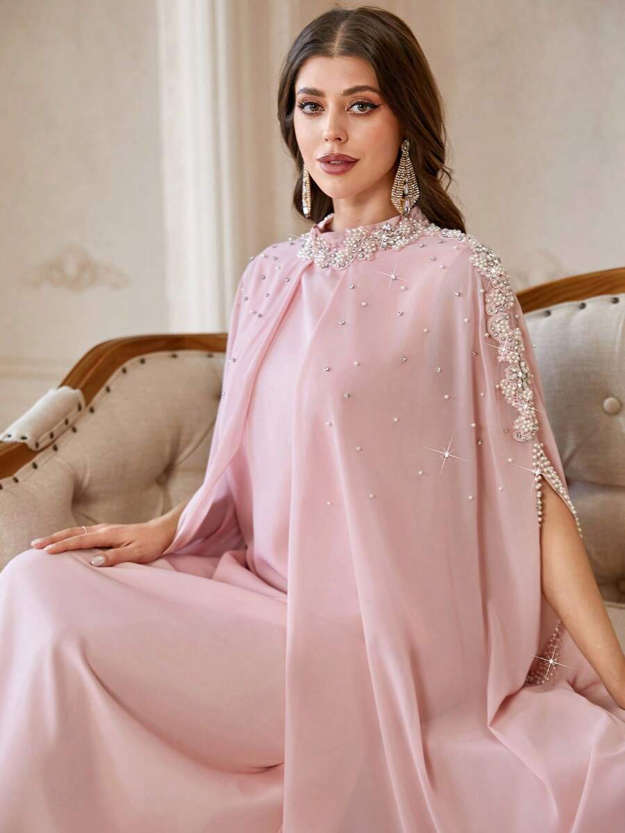 Đầm dài nữ cổ đứng màu trơn phối 2 trong 1, chất liệu chiffon, thêu, đính sequin và hạt cườm, kiểu dáng Ả Rập thanh lịch, thích hợp cho tiệc tùng, mặc hàng ngày và nhiều dịp khác, màu hồng xuân. - Hồng - Xem 1