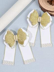 2pcs Delicate White & Gold Ribbed Hair Bows For Girls - Glitter Gold Bow & Pearl Trim Hair Clips ,Alligator Clips ,Kids Teens Hair Barrettes , Luxe Gentle Daily Hair Accessories - Multicolor - View 9