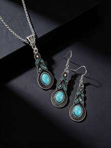 男女通用3件套项链耳环套装，复古风格，蓝色水晶镶嵌绿松石吊坠，配灯笼链首饰