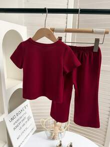 2pcs/Set Baby Girls' Cute Minimalist Red T-Shirt Top + Solid Color Bell-Bottom Pants Outfit, Suitable For Daily, Outdoor, School, Commute, Vacation - Red - View 3