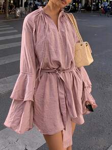 Women Spring Summer Casual Elegant Ruffled Flared Sleeve Design Top,Pink Top,Pink Mini Dress,Suitable For Party,Daily,Beach,Vacation,Valentine's Day,Carnival,New Year Outfits - Pink - View 2