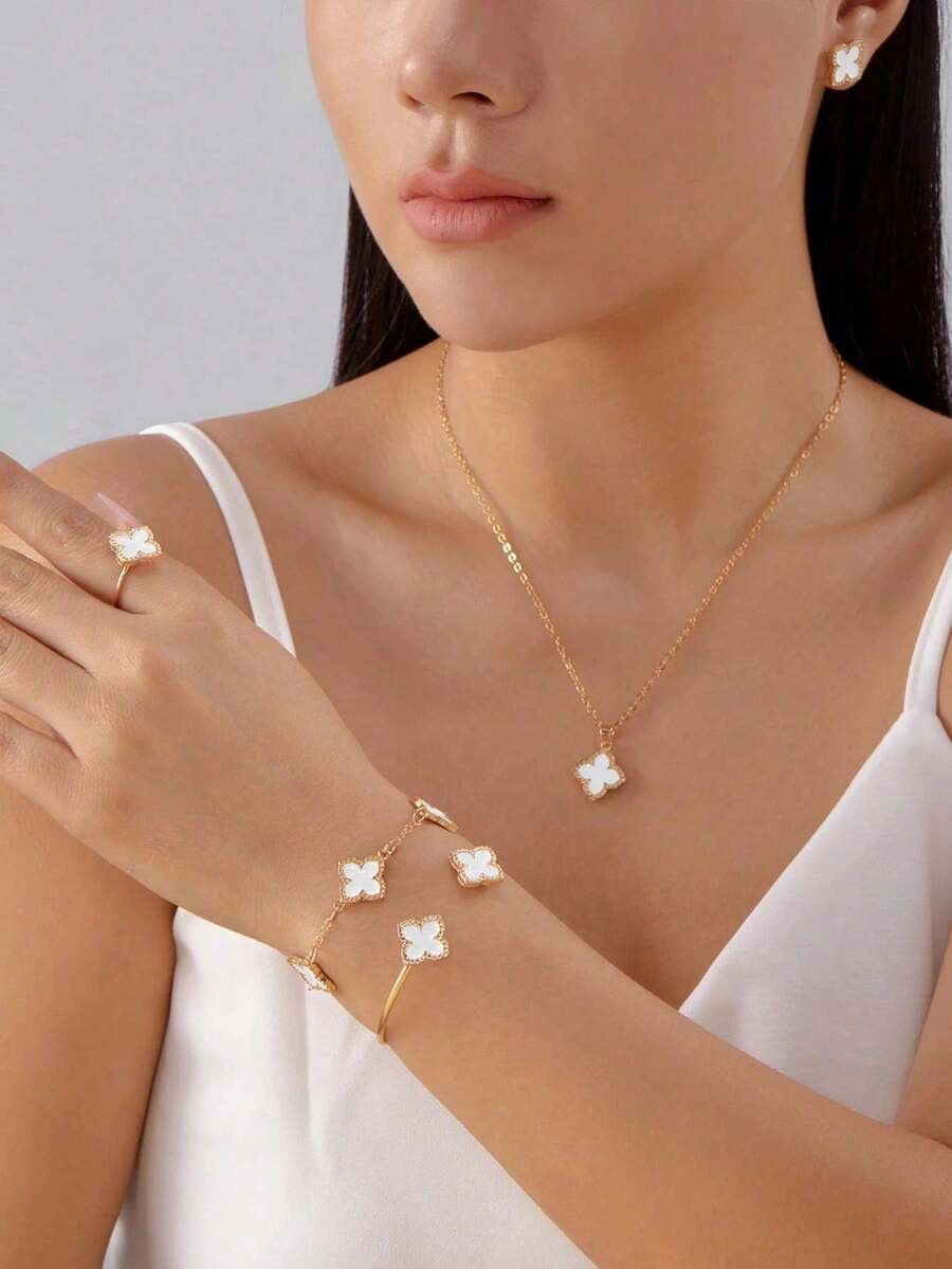 6pcs Four-Leaf Clover Fashion Versatile Lucky Clover Jewelry Set Including Earrings, Necklace, Bracelet, Bangle, Ring, Suitable For Women As Valentine's Day, Mother's Day Gift - Multicolor - View 1