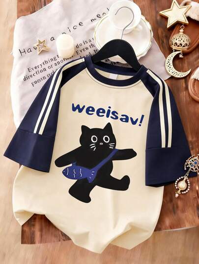 可爱时尚双色拼接插肩袖T恤，猫咪印花短袖上衣，适合夏季、上学/运动/户外活动