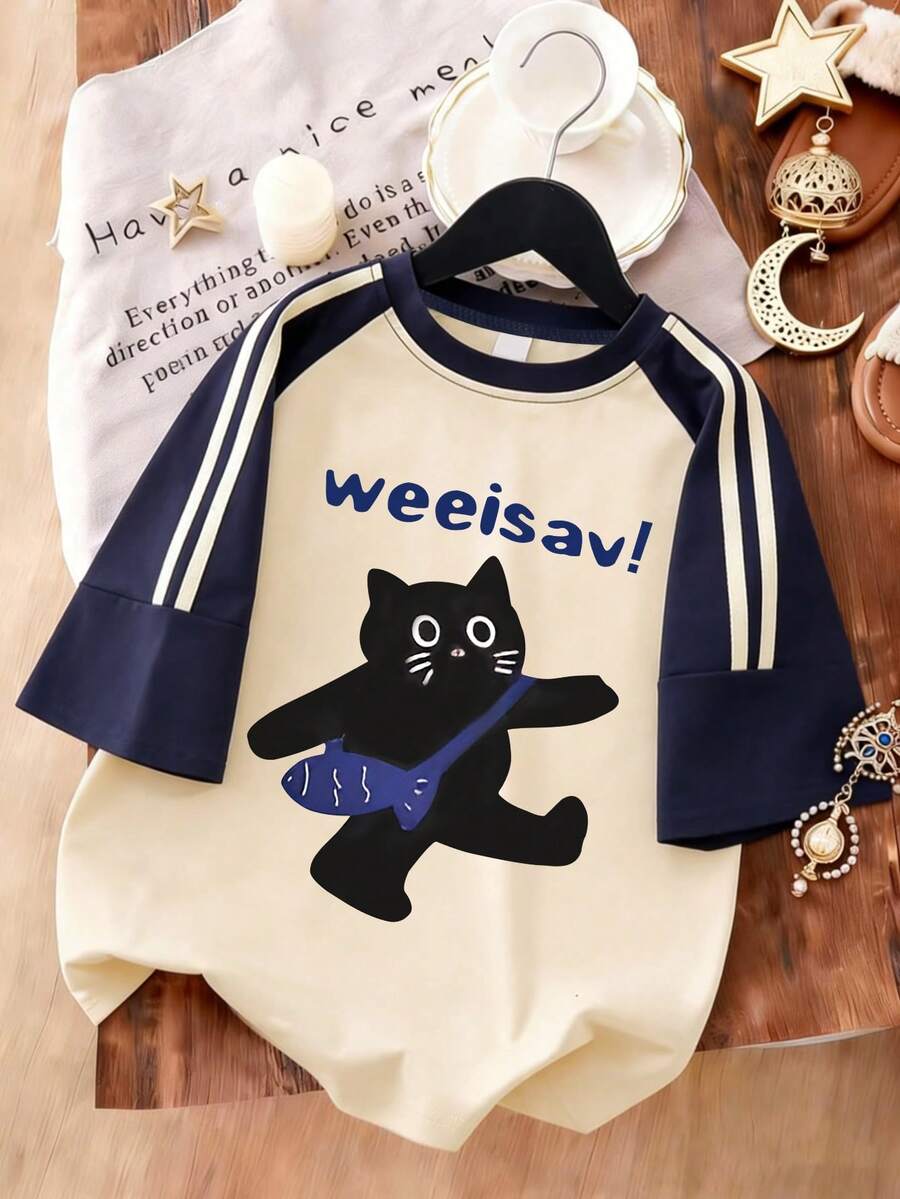 可爱时尚双色拼接插肩袖T恤,猫咪印花短袖上衣,适合夏季、上学/运动/户外活动 - 藏蓝色 - 查看 1