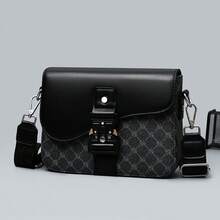 1件格子图案黑棕色搭扣装饰PU防水耐用男士单肩斜挎包，欧美时尚商务休闲小背包 - 彩色 - 查看 2