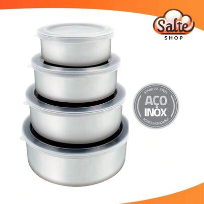 Jogo Conjunto De Tigela Aço Inox 4 Peças Potes Bowl C/ Tampa