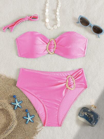 Bộ bikini quây ngực màu trơn dành cho nữ, điểm nhấn kim loại, thích hợp cho kỳ nghỉ trên đảo, chụp ảnh và bơi lội.