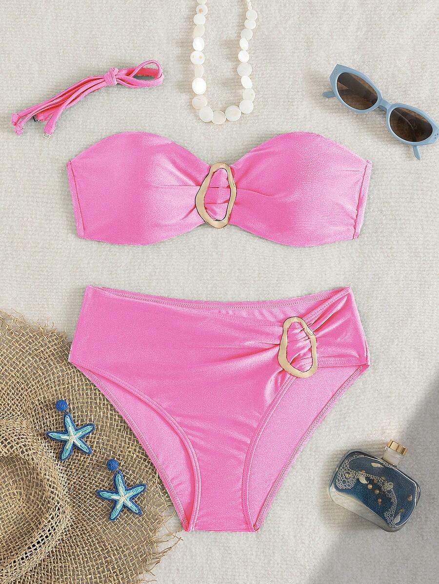 Bộ bikini quây ngực màu trơn dành cho nữ, điểm nhấn kim loại, thích hợp cho kỳ nghỉ trên đảo, chụp ảnh và bơi lội. - Hồng - Xem 1