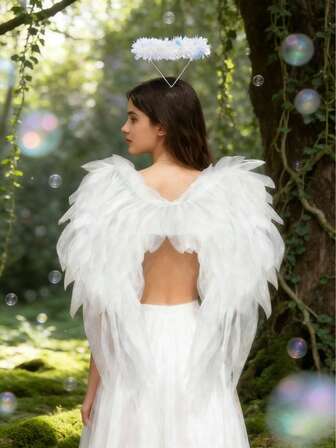 Angel Wings And Halo Headband, Suitable For Adult Girls - Black And White Organ-Gauze Angel Wings Realistic Cosplay Angel Wings, Fairy Wings, Elegant Clothing Accessories, Perfect For Carnival, Halloween, Masquerade Balls, Role-Playing Parties, Christmas, Birthday Parties, Theme Parties. Performance Costume Accessories, Shooting Props.