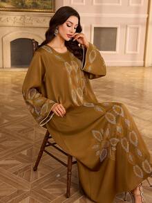 Casual Loose Long Robe Rhinestone Print Long Sleeve Round Neck Elegant Robe - Brown - View 6