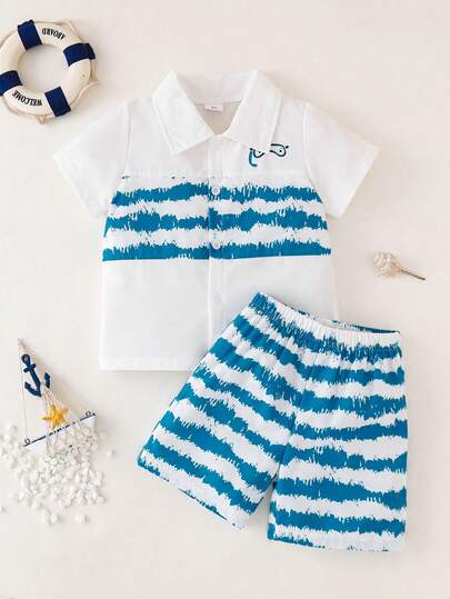男童夏季两件套：潜水面罩和棕榈树印花Polo衫+蓝白波浪棕榈树印花短裤，男童休闲沙滩度假套装