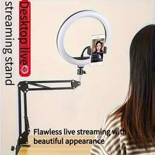 带可调光环形灯的顶置相机支架 - 灵活的手机臂支架，重型夹持底座，兼容 ，USB 供电照明，适用于直播、烹饪、美甲和 Vlog 拍摄，兼容 和安卓手机，适合冬季假期、音频/视频录制、采访、游戏和直播。假期音频录制、视频录制、采访、游戏直播、直播麦克风、迷你麦克风 - 黑色 - 查看 5