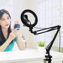 带可调光环形灯的顶置相机支架 - 灵活的手机臂支架，重型夹持底座，兼容 ，USB 供电照明，适用于直播、烹饪、美甲和 Vlog 拍摄，兼容 和安卓手机，适合冬季假期、音频/视频录制、采访、游戏和直播。假期音频录制、视频录制、采访、游戏直播、直播麦克风、迷你麦克风 - 黑色 - 查看 8
