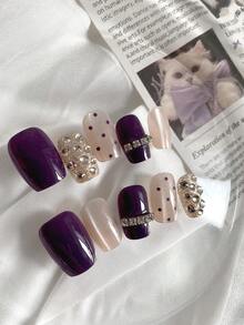 10PCS Press On Nails, Purple & Pastel Pink Rhinestone Design, Reusable Fake Nails For Party/Wedding, 4-Season Waterproof & Shiny Manicure,Valentine Nails,Purple Nails,Includes Jelly Gel And Nail File - Violet Purple - View 3