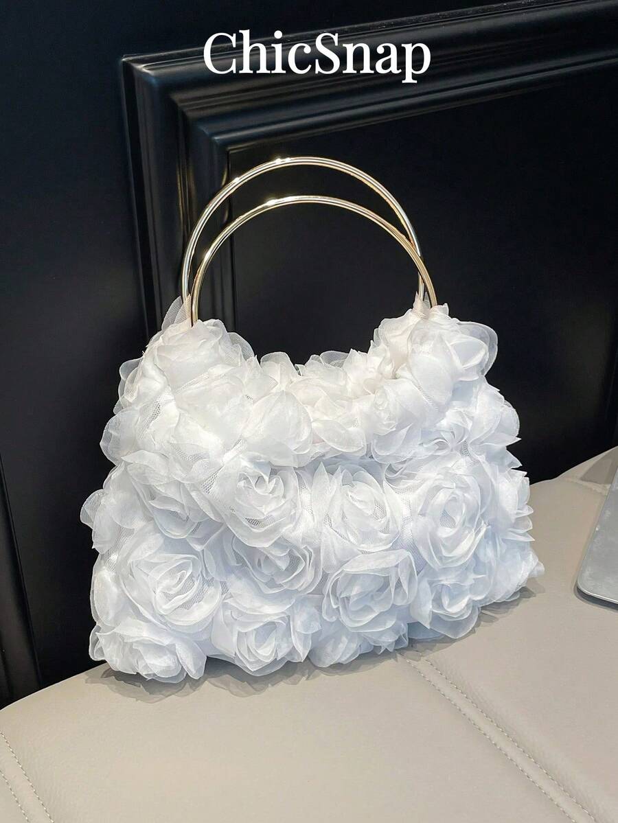 Giảm giá trong thời gian có hạn, Túi xách dạ hội hoa hồng thanh lịch, Túi xách dự tiệc trang trọng cho nữ, Túi đeo vai dịu dàng cho cô gái ngọt ngào, Túi xô màu trơn, Túi cô dâu (Họa tiết ngẫu nhiên) - trắng - Xem 1