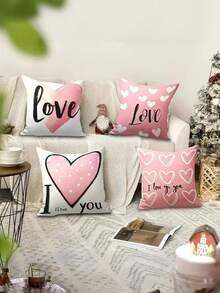 4Pcs Valentine'S Day Themed Cushion Covers, Creative Pattern Single-Sided Print, 100% Polyester Fiber, Zipper Closure, Machine Washable- Ideal For Home And Office Decoration, Valentine'S Day Decoration, Happy Valentine'S Day, Sofa Decoration - Pink - View 4