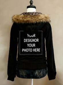 Women's Fashion Custom Patterned Print, Customizable Text, Personalized Back With Custom Photo/Design, Women's Fashion Leopard Print Fur Collar Zip-Up Hooded Jacket With Thermal Lined, Autumn And Winter Fashion Hooded Jacket, Wild And Versatile Fashion, Soft And Skin-Friendly And Cool Street Style Autumn And Winter Warm Coat. - Black - View 3