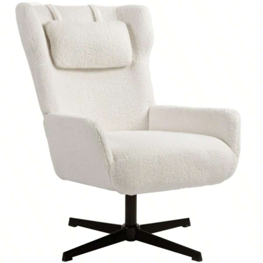 Accent Chair, Upholstered Armchair With Fleece Cover, Swivel Base, Metal Frame, Cream White - 米色 - 查看 1
