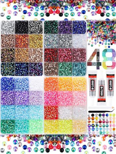 4Box Random Mixed ABS Colorful Round Flat-Bottomed Drill Shining Simulated Colored Rhinestone Resin Drill Tweezers Pen Glue Suitable For Diy Handicrafts Y2K Versatile Nail Art Accessories DIY Nails Nail Supplies