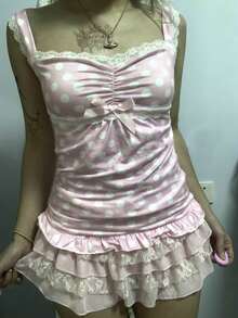 Women Y2k Backless Tank Top Vintage Lace Trim Floral Patchwork Cami Crop Top Summer Party Club Vest 00s Retro Shirt - Hồng - Xem 1