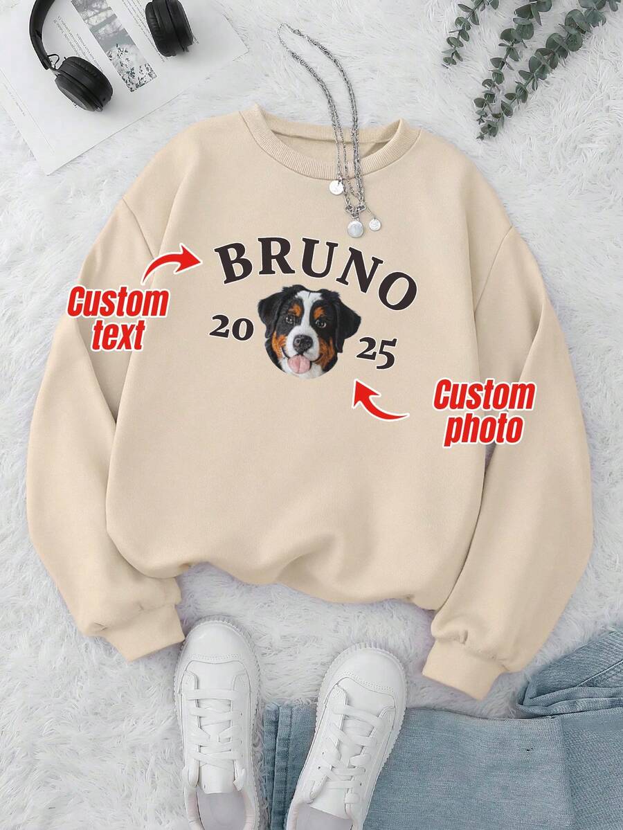 Customized Pet Portrait Embroidered Fleece Crew Neck Sweatshirt, Dog Face Photo Printed Sweatshirt, Pet Lover Gift, Valentine's Day Gift - Apricot - View 1