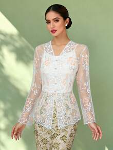 1pc Floral Print Elegant Lace Patchwork Embroidered Front Button Women Long Sleeve Cardigan, Light Orange Top, Spring/Summer - Coral Orange - View 4
