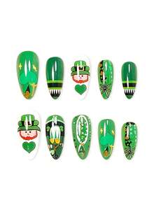 Instantly Upgrade Your Look With 24pcs Medium Almond Shape Press On False Nails Fashion Fairy Tale Cute Style Lucky Leprechaun Clover Pattern St. Patrick's Day Holiday Nails Retro Fresh Green Heart Pattern Press-On Nails Full Coverage Fake Nail Tips For Women And Girls Includes 1sheet Adhesive Tabs & 1pc Mini Files Strip Jelly Gel Random Shipment - Green - View 3