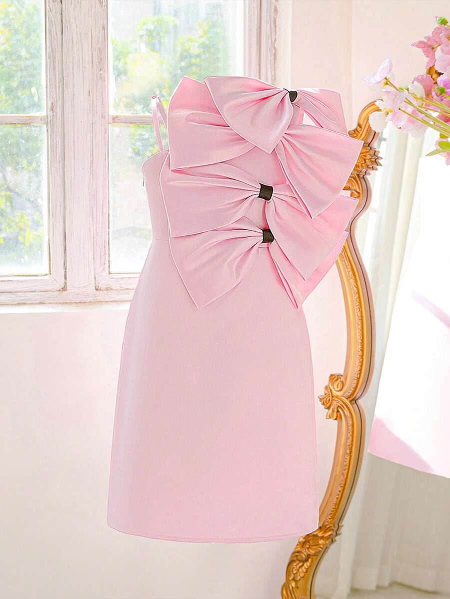 Vestido de fiesta elegante de princesa para niñas preadolescentes, con gran lazo y hombros descubiertos, ideal para dama de honor, boda, fiesta, baile de graduación y cumpleaños - Rosa - Ver 1