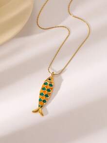1pc Fashionable Exquisite Cute Colorful Shiny Fish-Shaped Stainless Steel Necklace, Suitable For Women's Daily Wear, Ocean Theme Series, Beach Accessory, Ideal Gift For Women's Beach Jewelry, Wedding, Engagement, Party, Halloween - Yellow Gold - View 5