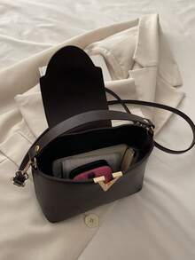 Fashionable Mini Solid Color Minimalist Metal Lock Decor Waterproof PU Tote Bag, Suitable For Shopping, Carrying, Young Women, College Students, Young Professionals, Office Ladies. Perfect For Office, School, Work, Business, Commuting, Outdoor Activities, Travel And Short Trips. - Coffee - View 6