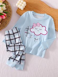 Sweet & Cute 2-Piece Baby Pajama Set, Blue Long Sleeve Round Neck Top With Cloud, Moon & Star Print + Plaid Pants - Blue - View 3